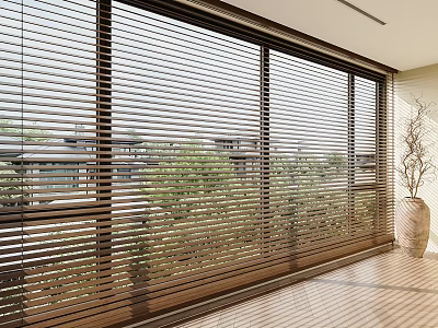 Wooden Venetian Blinds On Large Window With Natural Light Indoor Greenery View And Wooden Floor 3d model