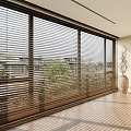 Wooden Venetian Blinds On Large Window With Natural Light Indoor Greenery View And Wooden Floor