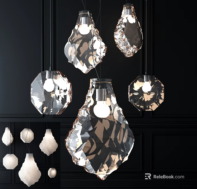 Modern Crystal Chandeliers With Geometric Shapes Hanging In Bright Lighting Dark Background 3d model 