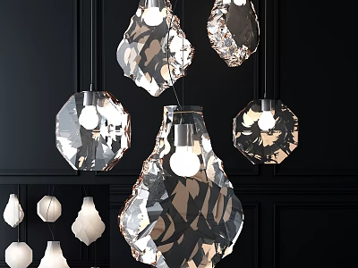 Modern Crystal Chandeliers With Geometric Shapes Hanging In Bright Lighting Dark Background 3d model