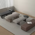 Modern Living Room With Black Beige Brown Leather Wooden Benches On Carpet And Wooden Floor