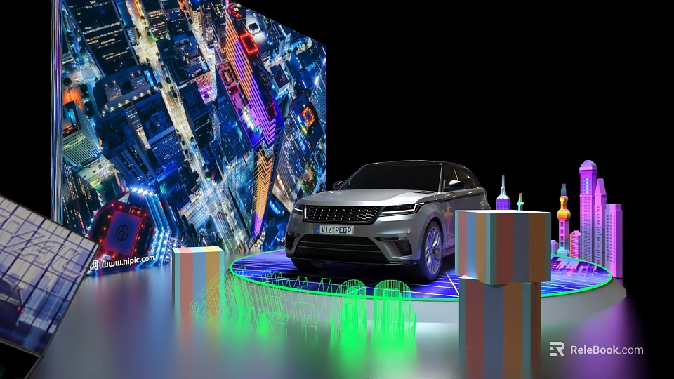 Display Shelves For Car Exhibition With Colorful Lighting And City Night View Background 3d model 