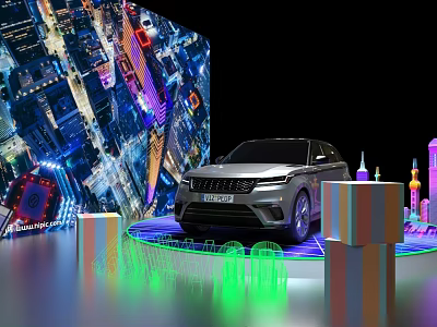 Display Shelves For Car Exhibition With Colorful Lighting And City Night View Background 3d model