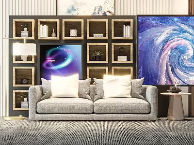 Modern Sofa And Coffee Table Set With Bookshelves Decor Plants TV And Art 3d model