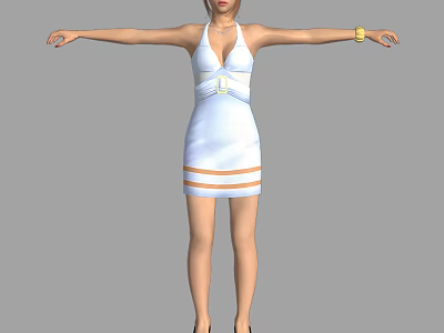 Woman in White Dress With Orange Stripes Arms Outstretched Yellow Bracelet High Heels 3d model