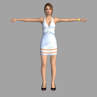 Woman in White Dress With Orange Stripes Arms Outstretched Yellow Bracelet High Heels 3d model