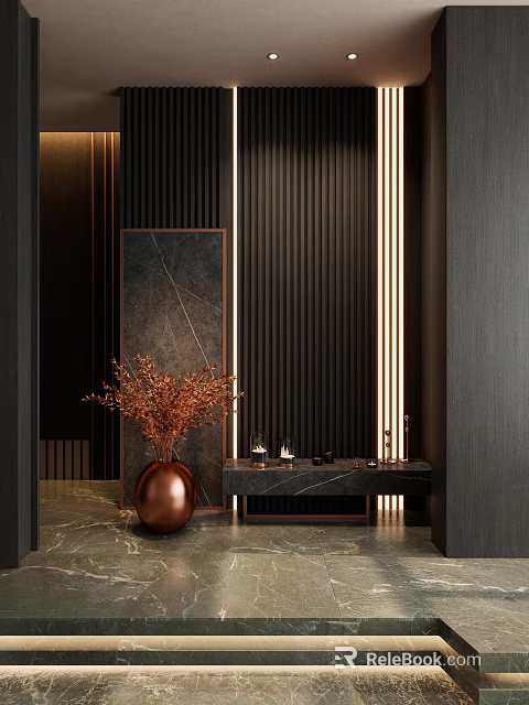 Modern Entryway Hallway Interior Design With Dark Paneling Metal Trim And Copper Vase 3d model 