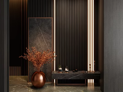 Modern Entryway Hallway Interior Design With Dark Paneling Metal Trim And Copper Vase 3d model