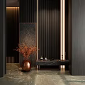 Modern Entryway Hallway Interior Design With Dark Paneling Metal Trim And Copper Vase