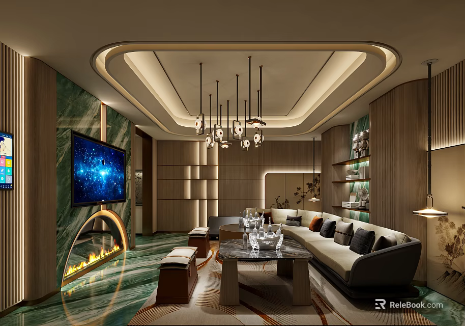 Modern Luxury KTV Interior Design With Large Screen TV Sofa Chandelier And Marble Floor 3d model 