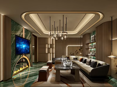 Modern Luxury KTV Interior Design With Large Screen TV Sofa Chandelier And Marble Floor 3d model