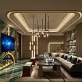 Modern Luxury KTV Interior Design With Large Screen TV Sofa Chandelier And Marble Floor