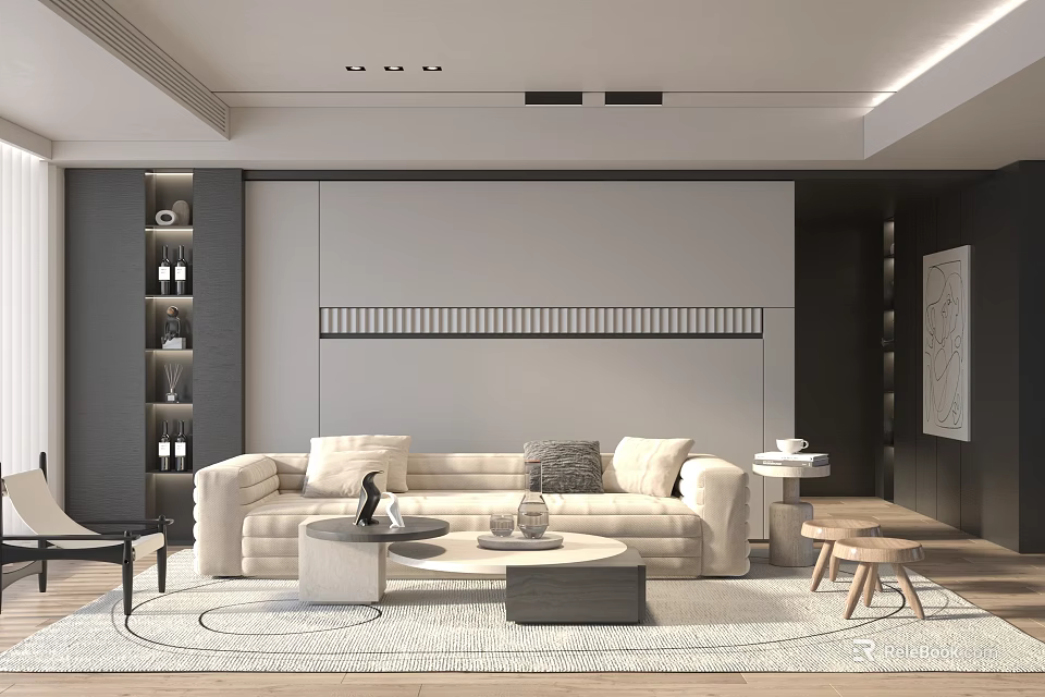 Modern Living Room Interior With Beige Sofa Coffee Table Rug And Decorative Wall Design 3d model 