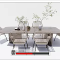 Modern Wooden Long Table with Rattan Chairs and Green Plants Centerpiece