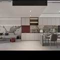 Modern Living and Dining Room Interior With Open Layout Marble Wall And Dining Furniture