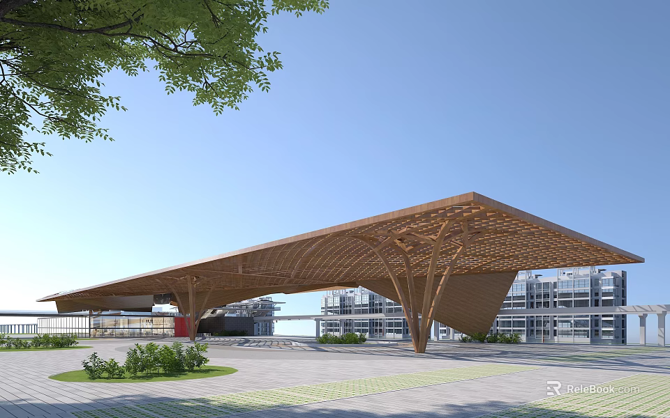 Modern Architectural Structure With Wooden Lattice Roof In Urban Plaza With Greenery 3d model 