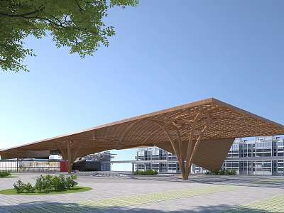 Modern Architectural Structure With Wooden Lattice Roof In Urban Plaza With Greenery 3d model