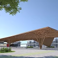 Modern Architectural Structure With Wooden Lattice Roof In Urban Plaza With Greenery