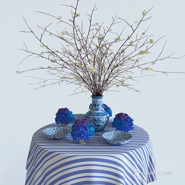 Blue And White Vase With Branches White Flowers Purple Hydrangeas In Bowls On Striped Tablecloth 3d model 