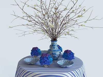 Blue And White Vase With Branches White Flowers Purple Hydrangeas In Bowls On Striped Tablecloth 3d model