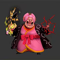 Fantasy Character With Pink Hair In Kimono Holding Flame And Red Lightning With Exaggerated Expression