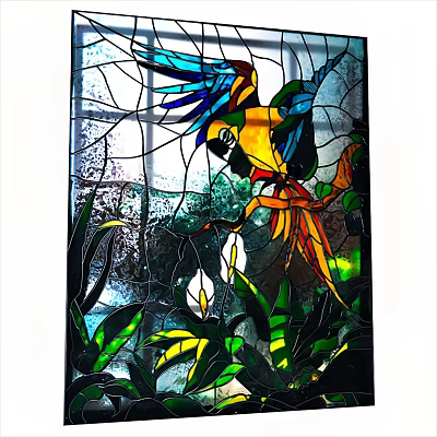Artistic Stained Glass Window with Vibrant Parrot and Green Leaves Design 3d model