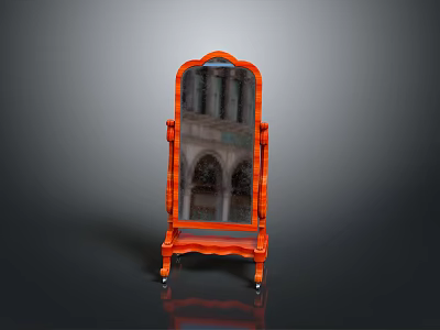 Ornate Orange Standing Mirror For Home Living With Decorative Frame And Wheels 3d model