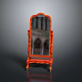 Ornate Orange Standing Mirror For Home Living With Decorative Frame And Wheels