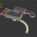 Detailed Architectural Model of Modern Building with Connected Sections Circular Structure and Curved Path