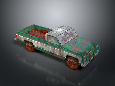 Vintage Rusty Green Silver Truck With Wooden Bed And Brown Wheels 3d model