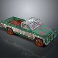 Vintage Rusty Green Silver Truck With Wooden Bed And Brown Wheels