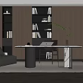 Modern Study Room With Brown Bookshelves Marble Desk Gray Sofa And Green Plant