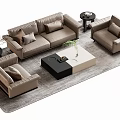 Modern Sectional Sofa And Coffee Table Set With Armchairs Pillows And Rectangular Table On Rug 3d model