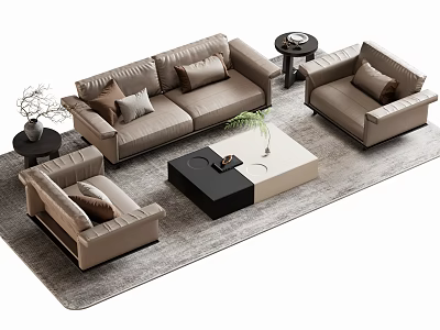 Modern Sectional Sofa And Coffee Table Set With Armchairs Pillows And Rectangular Table On Rug 3d model