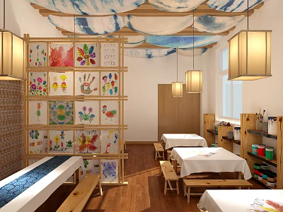 School Art Classroom Featuring Children's Drawings Wooden Tables Hanging Lamps And Benches 3d model