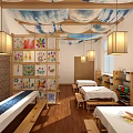 School Art Classroom Featuring Children's Drawings Wooden Tables Hanging Lamps And Benches