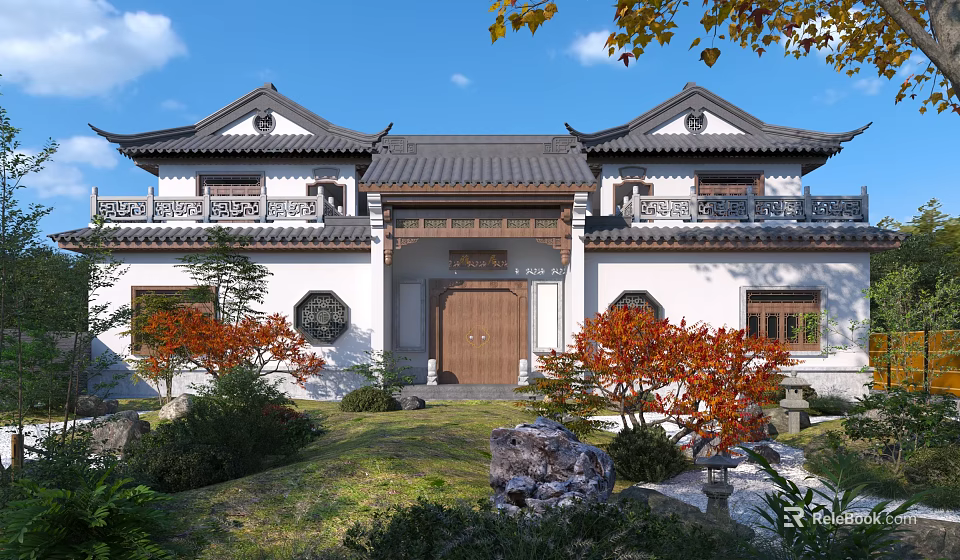 Traditional Chinese Detached Villa With Classic Roof Wooden Door and Lush Courtyard Greenery 3d model 