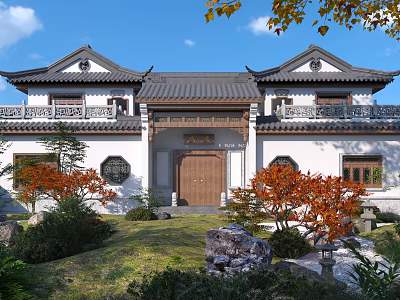 Traditional Chinese Detached Villa With Classic Roof Wooden Door and Lush Courtyard Greenery 3d model