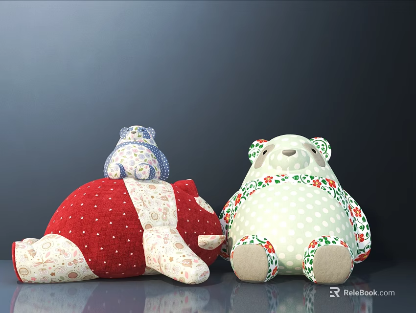 Cute Plush Stuffed Toys Red With White Polka Dots And Light Green Floral Patterns Lying Together 3d model 