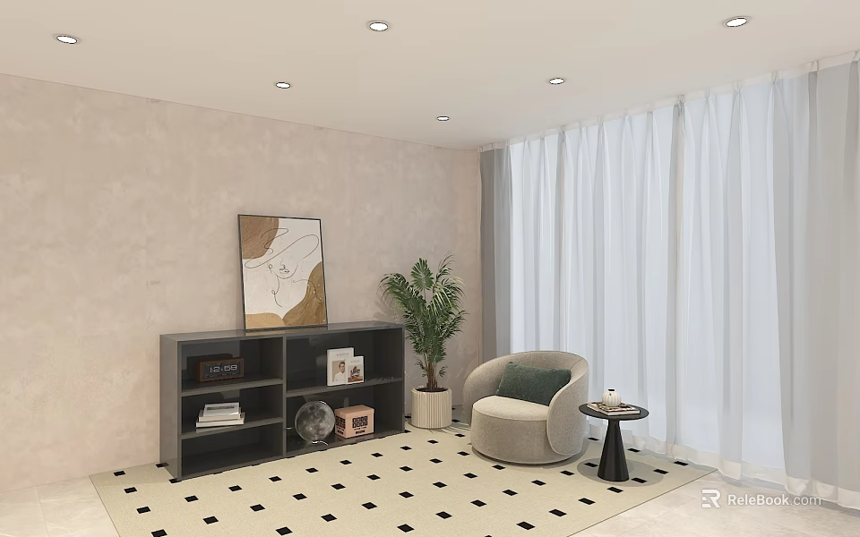 Cozy Clothing Store Interior With Beige Walls Black Bookshelf Green Plant And Beige Armchair 3d model 
