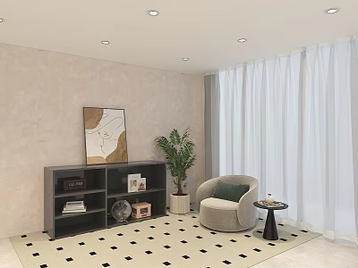 Cozy Clothing Store Interior With Beige Walls Black Bookshelf Green Plant And Beige Armchair 3d model