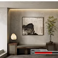 Traditional Landscape Painting On Wall With Bamboo Plant Table Lamp And Wooden Bench