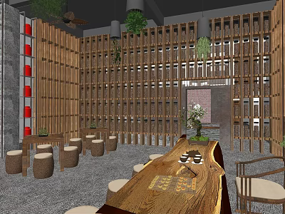 Japanese Style Specialty Store Interior With Bamboo Partitions Stone Stools And Wooden Table 3d model