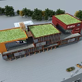 Modern Commercial Complex With Orange Facade Glass Curtain Walls ZARA Store And Green Lawn