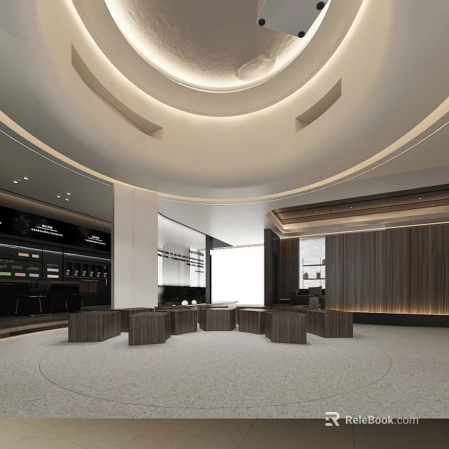 Modern Lobby Interior Design With Circular Ceiling Wooden Walls And Round Tables 3d model 
