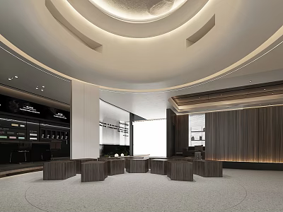 Modern Lobby Interior Design With Circular Ceiling Wooden Walls And Round Tables 3d model