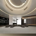 Modern Lobby Interior Design With Circular Ceiling Wooden Walls And Round Tables