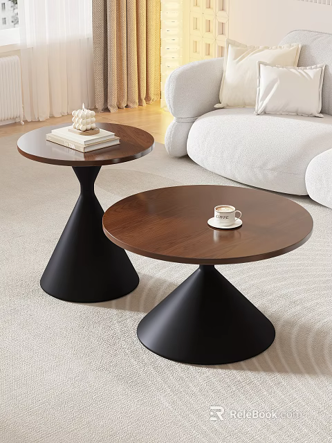 Modern Round Coffee Tables With Wooden Tabletop And Black Bases In Living Room Decor 3d model 