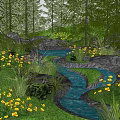 Scenic Park Landscape With Flowing Stream Green Grass Ferns And Yellow Flowers