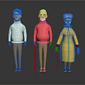 Game Movie Characters Young Man Elderly Couple Canes Standing Light Red Yellow Clothing Cartoon 3D